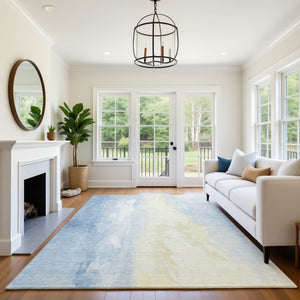 HomeRoots 9' X 12' Denim Blue & Beige Abstract Washable Area Rug with UV Protection for Modern Interiors 705526