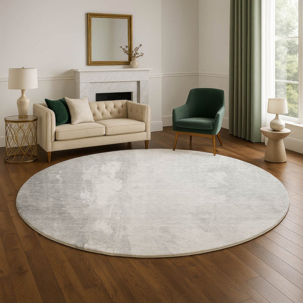HomeRoots 8' Gray and Ivory Abstract Round Rug - Washable, UV-Protected, Non-Slip for Modern Living Spaces 705530