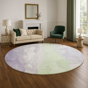 HomeRoots 8' Lavender and Ivory Abstract Washable Round Rug - Durable, UV-Resistant, Stylish for Modern Spaces 705536