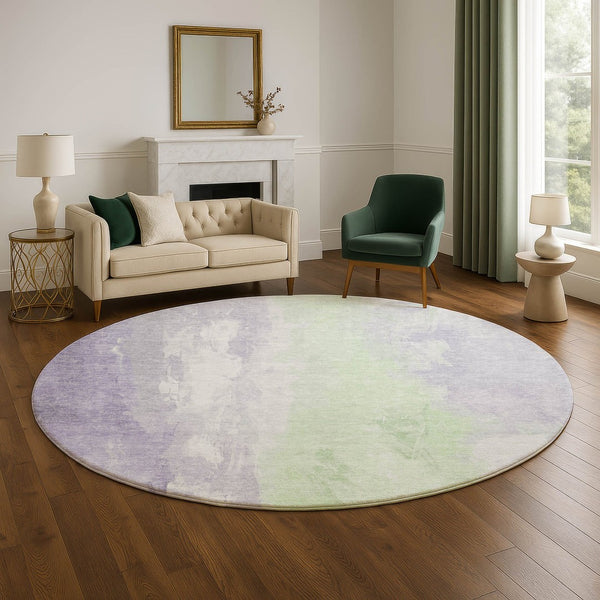 HomeRoots 8' Lavender and Ivory Abstract Washable Round Rug - Durable, UV-Resistant, Stylish for Modern Spaces 705536