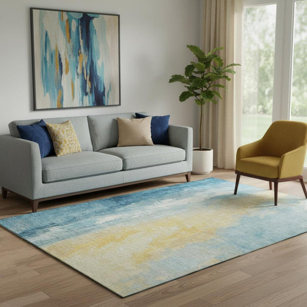 HomeRoots 5' X 8' Teal and Gold Abstract Area Rug - Washable, UV-Protected, Durable & Stylish for Any Space 705541