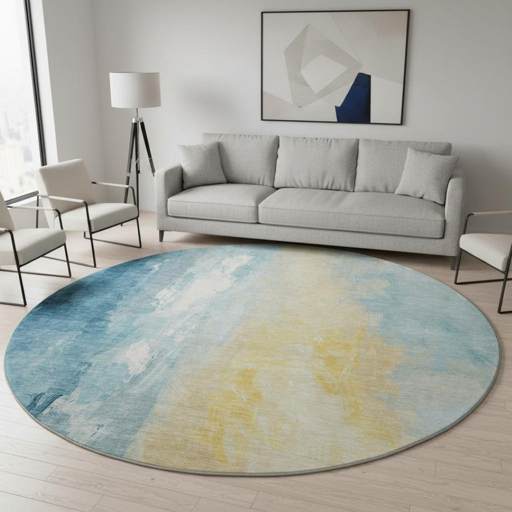 HomeRoots 8' Teal And Gold Abstract Round Rug - Washable, UV-Protected, Durable for High-Traffic Spaces 705542