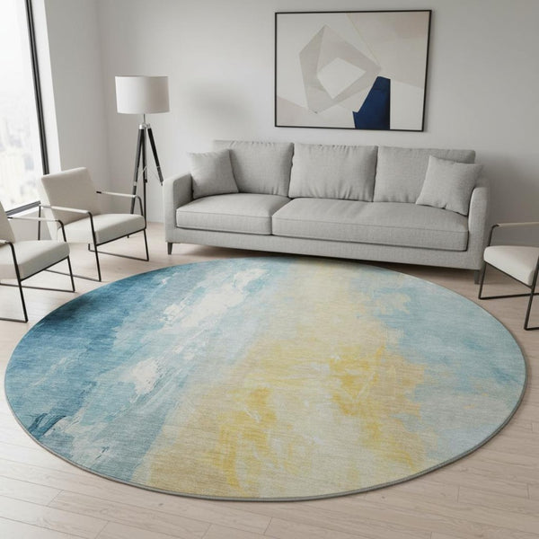HomeRoots 8' Teal And Gold Abstract Round Rug - Washable, UV-Protected, Durable for High-Traffic Spaces 705542
