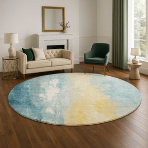 HomeRoots 8' Teal And Gold Abstract Round Rug - Washable, UV-Protected, Durable for High-Traffic Spaces 705542
