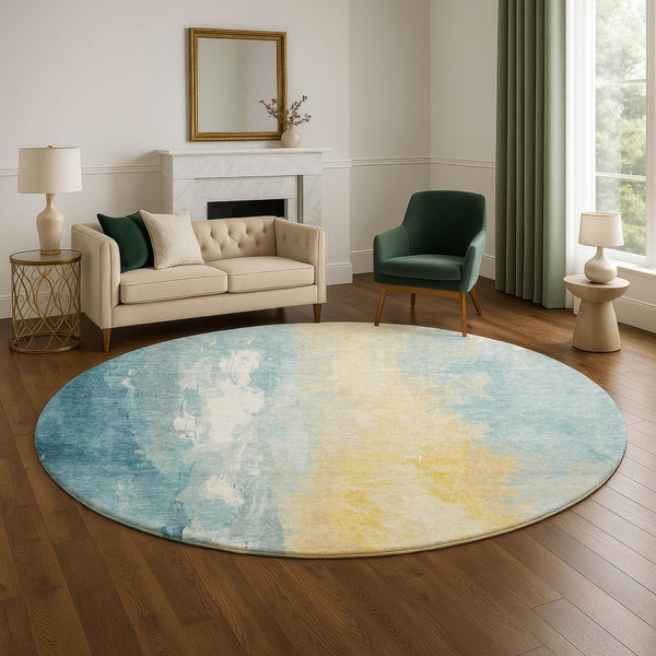 HomeRoots 8' Teal And Gold Abstract Round Rug - Washable, UV-Protected, Durable for High-Traffic Spaces 705542