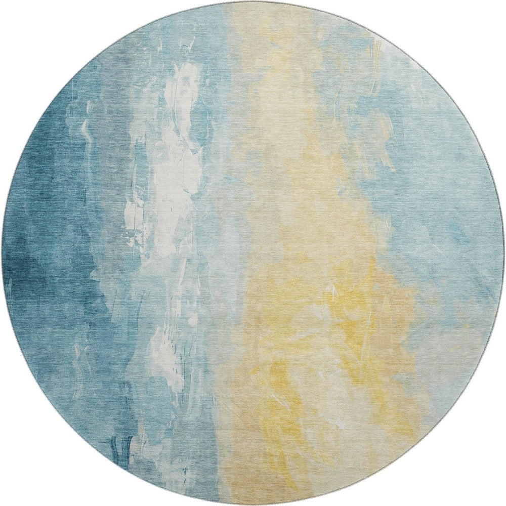 HomeRoots 8' Teal And Gold Abstract Round Rug - Washable, UV-Protected, Durable for High-Traffic Spaces 705542