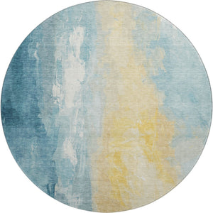 HomeRoots 8' Teal And Gold Abstract Round Rug - Washable, UV-Protected, Durable for High-Traffic Spaces 705542