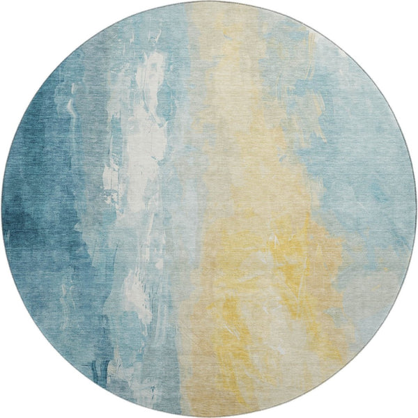 HomeRoots 8' Teal And Gold Abstract Round Rug - Washable, UV-Protected, Durable for High-Traffic Spaces 705542