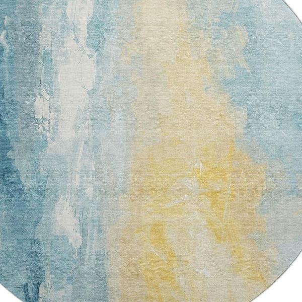 HomeRoots 8' Teal And Gold Abstract Round Rug - Washable, UV-Protected, Durable for High-Traffic Spaces 705542