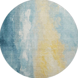 HomeRoots 8' Teal And Gold Abstract Round Rug - Washable, UV-Protected, Durable for High-Traffic Spaces 705542