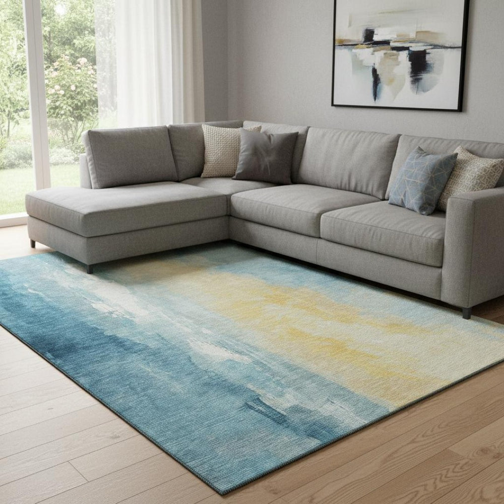 HomeRoots 8' X 10' Teal and Gold Abstract Area Rug - Washable, UV Protected, Stylish for Indoor & Outdoor Use! 705543