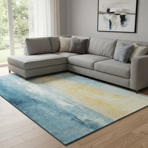 HomeRoots 8' X 10' Teal and Gold Abstract Area Rug - Washable, UV Protected, Stylish for Indoor & Outdoor Use! 705543
