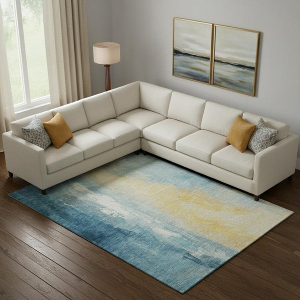 HomeRoots 9' X 12' Teal & Gold Abstract Area Rug - Washable, UV-Protected, Durable & Ideal for Any Home Decor 705544
