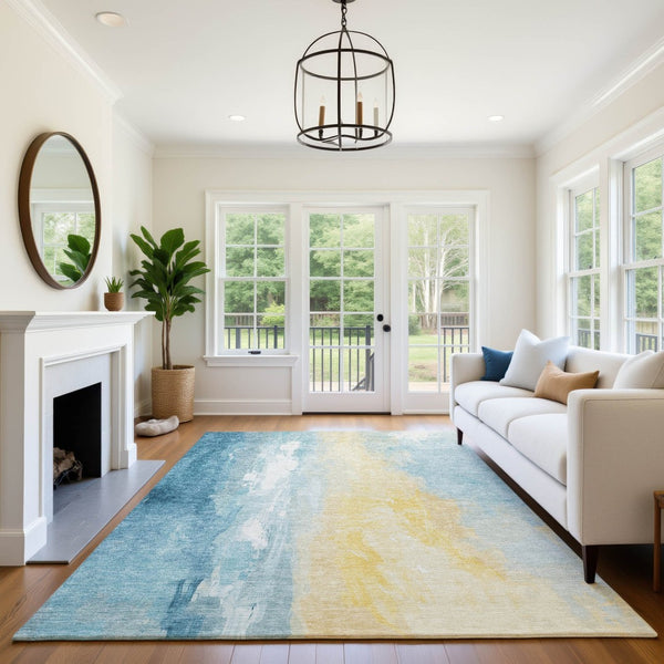 HomeRoots 9' X 12' Teal & Gold Abstract Area Rug - Washable, UV-Protected, Durable & Ideal for Any Home Decor 705544