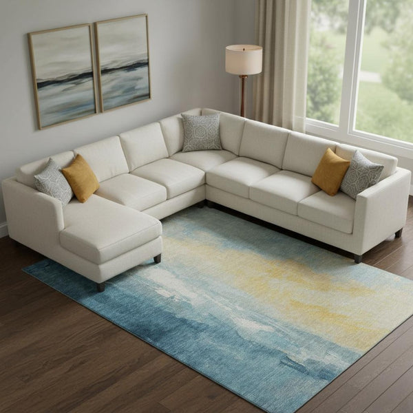 HomeRoots 10' X 14' Teal and Gold Abstract Area Rug - Washable, Stain-Resistant, UV Protected for Modern Homes 705545