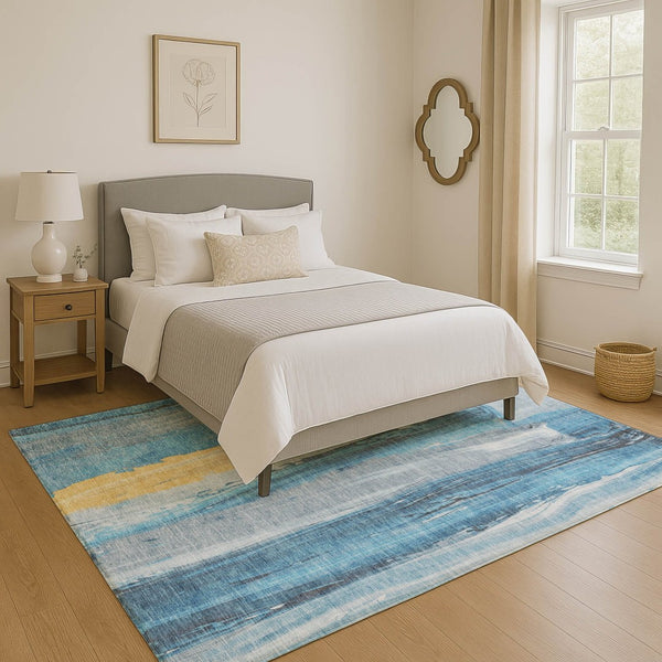 HomeRoots 5' X 8' Vibrant Blue and Gold Abstract Washable Area Rug with UV Protection for Family Spaces 705547