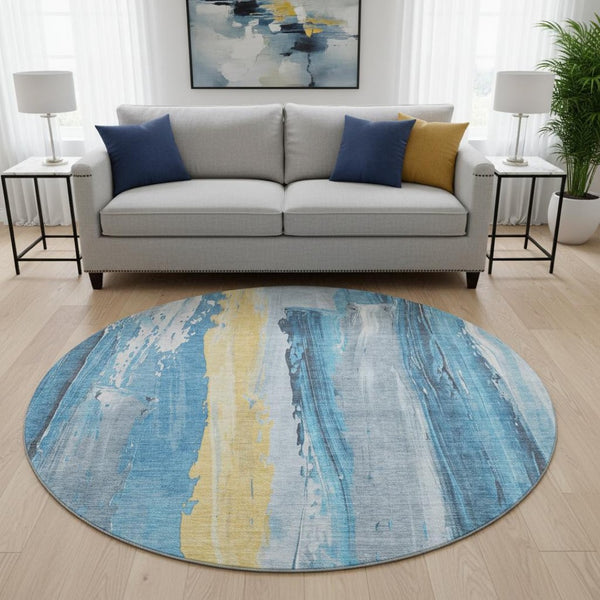 HomeRoots 8' Blue And Gold Abstract Washable Round Rug – UV Protected, Stain Resistant, Family-Friendly Design! 705548