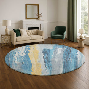 HomeRoots 8' Blue And Gold Abstract Washable Round Rug – UV Protected, Stain Resistant, Family-Friendly Design! 705548