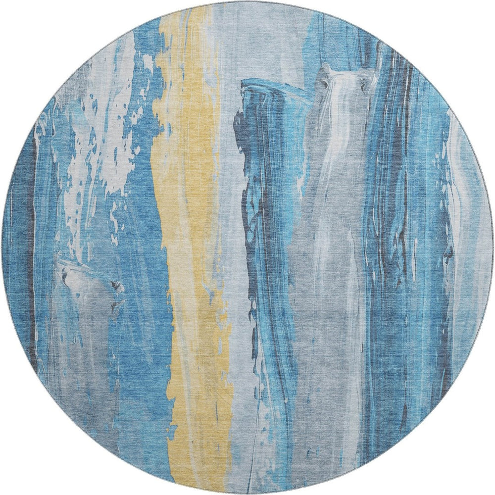 HomeRoots 8' Blue And Gold Abstract Washable Round Rug – UV Protected, Stain Resistant, Family-Friendly Design! 705548