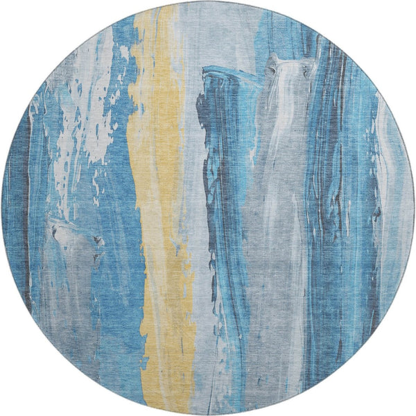 HomeRoots 8' Blue And Gold Abstract Washable Round Rug – UV Protected, Stain Resistant, Family-Friendly Design! 705548
