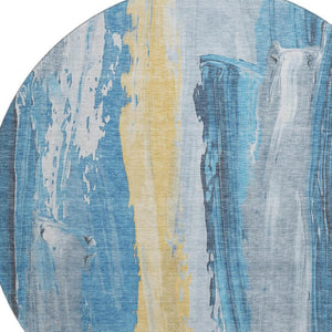HomeRoots 8' Blue And Gold Abstract Washable Round Rug – UV Protected, Stain Resistant, Family-Friendly Design! 705548
