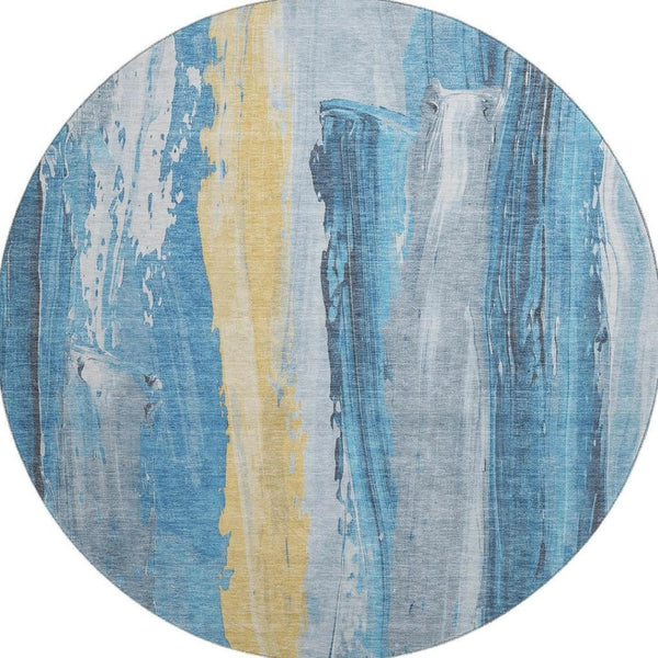 HomeRoots 8' Blue And Gold Abstract Washable Round Rug – UV Protected, Stain Resistant, Family-Friendly Design! 705548