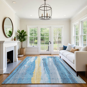 HomeRoots 8' X 10' Blue and Gold Abstract Area Rug - Washable, UV-Protected, Stylish & Kid-Pet Friendly Design! 705549