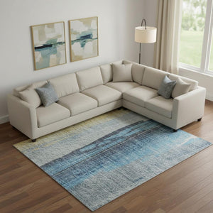 HomeRoots 9' X 12' Blue and Gold Abstract Area Rug - Washable, UV Protected, Durable & Stylish for Any Space 705550