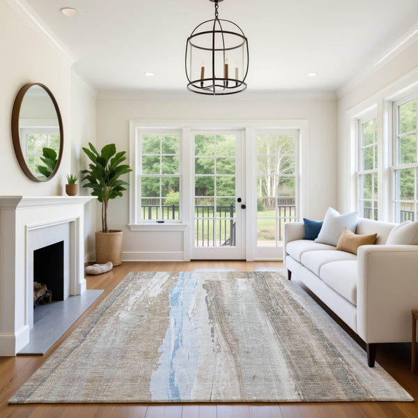 HomeRoots 5' X 8' Coffee and Blue Abstract Washable Area Rug - Kid & Pet Friendly with UV Protection & Style 705553