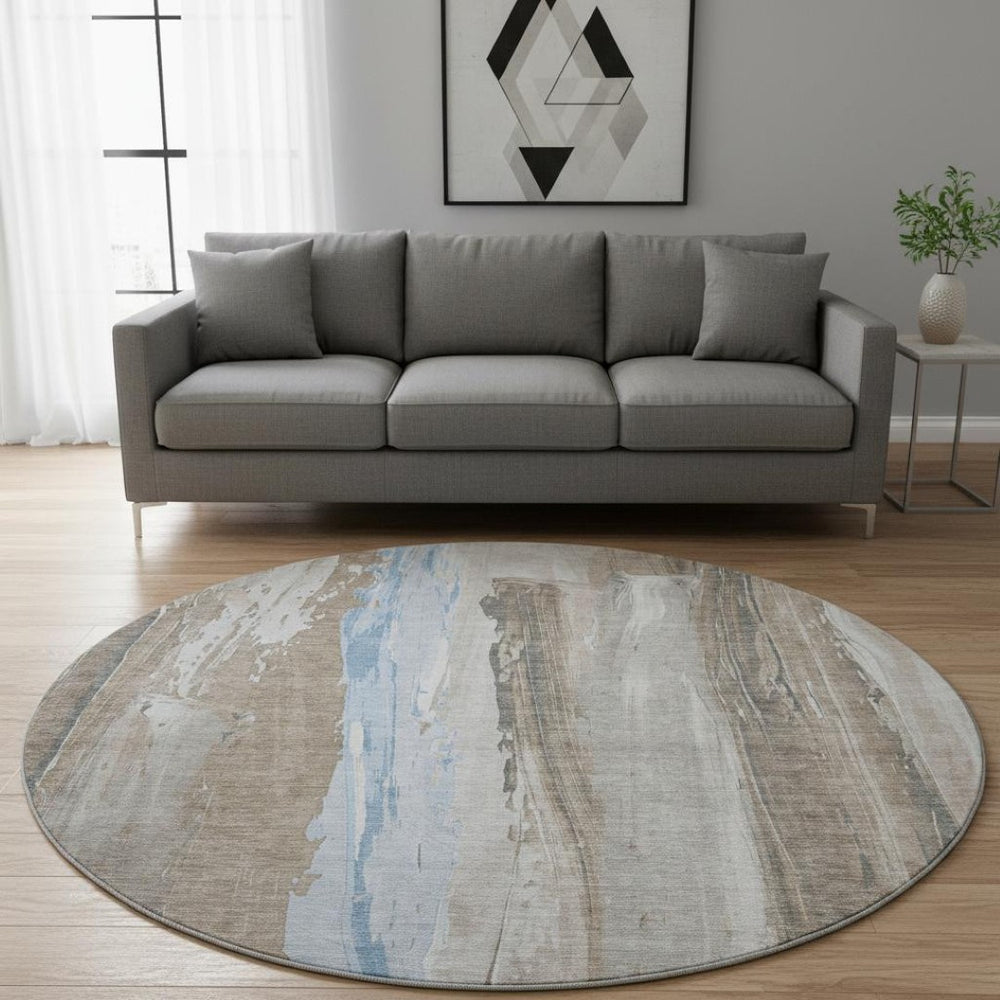 HomeRoots 8' Coffee and Blue Abstract Round Rug - Washable, UV-Protected, Non-Slip - Stylish Home Essential! 705554