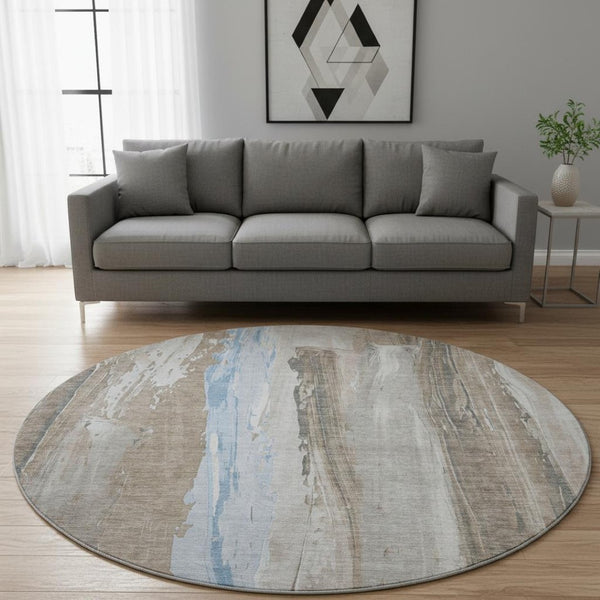 HomeRoots 8' Coffee and Blue Abstract Round Rug - Washable, UV-Protected, Non-Slip - Stylish Home Essential! 705554