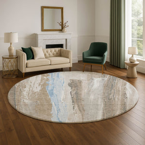 HomeRoots 8' Coffee and Blue Abstract Round Rug - Washable, UV-Protected, Non-Slip - Stylish Home Essential! 705554