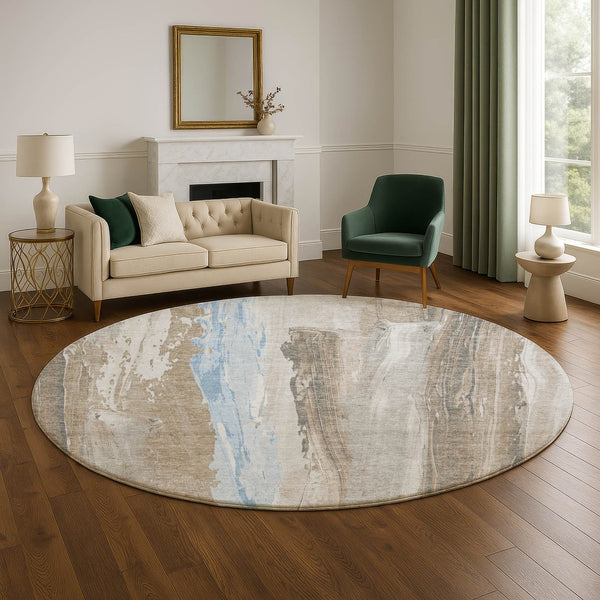 HomeRoots 8' Coffee and Blue Abstract Round Rug - Washable, UV-Protected, Non-Slip - Stylish Home Essential! 705554