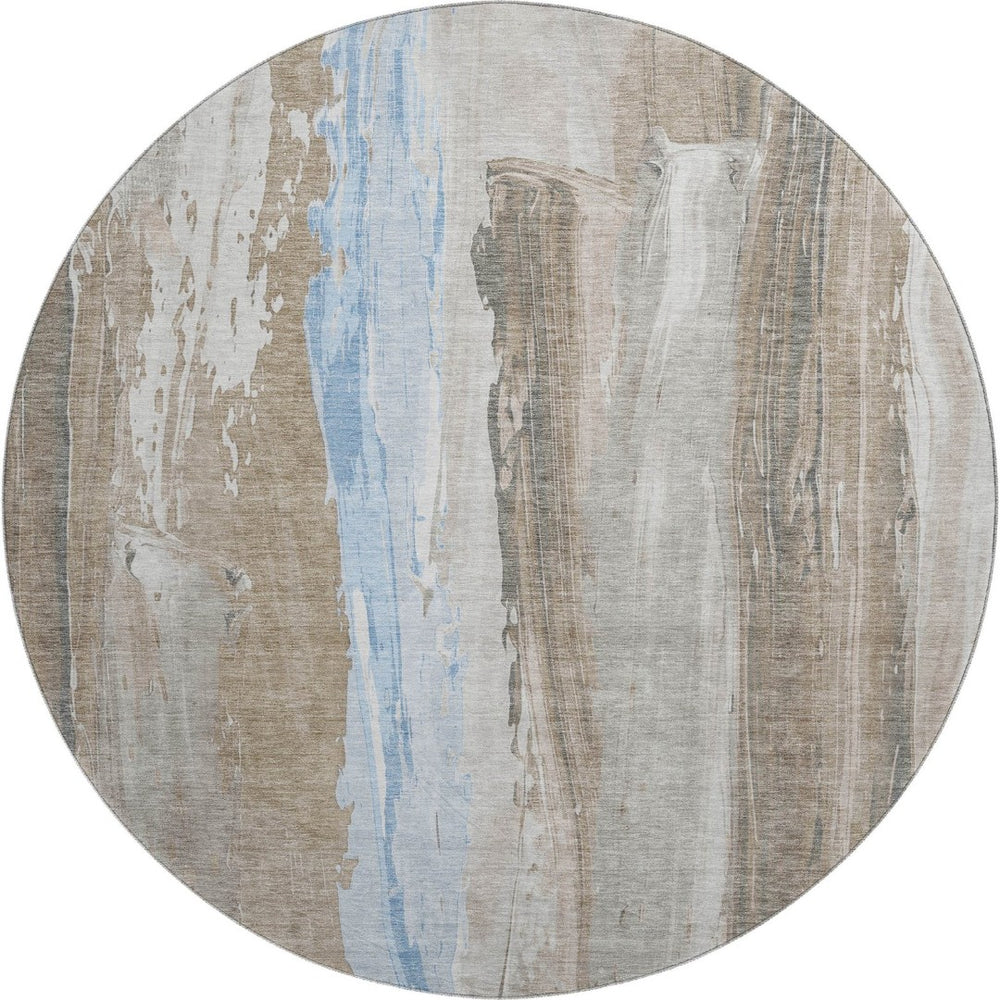 HomeRoots 8' Coffee and Blue Abstract Round Rug - Washable, UV-Protected, Non-Slip - Stylish Home Essential! 705554