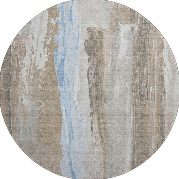 HomeRoots 8' Coffee and Blue Abstract Round Rug - Washable, UV-Protected, Non-Slip - Stylish Home Essential! 705554