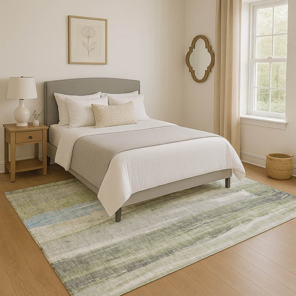 HomeRoots 5' X 8' Olive Green and Blue Abstract Washable Area Rug - Modern Design with UV Protection & Durability 705559