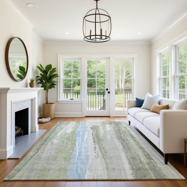 HomeRoots 5' X 8' Olive Green and Blue Abstract Washable Area Rug - Modern Design with UV Protection & Durability 705559