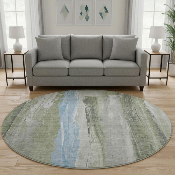 HomeRoots 8' Washable Round Rug in Olive Green & Blue Abstract Design - UV Protected, Durable & Stylish! 705560