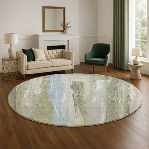 HomeRoots 8' Washable Round Rug in Olive Green & Blue Abstract Design - UV Protected, Durable & Stylish! 705560