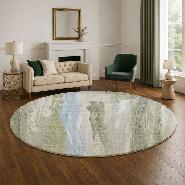 HomeRoots 8' Washable Round Rug in Olive Green & Blue Abstract Design - UV Protected, Durable & Stylish! 705560