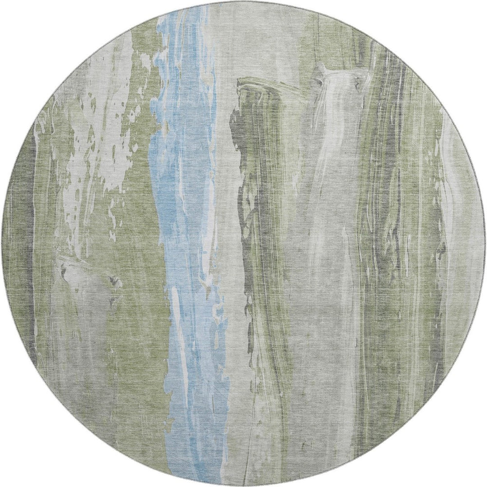 HomeRoots 8' Washable Round Rug in Olive Green & Blue Abstract Design - UV Protected, Durable & Stylish! 705560