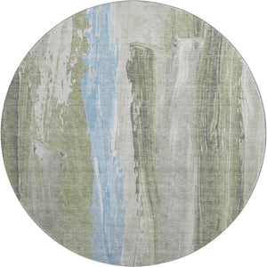 HomeRoots 8' Washable Round Rug in Olive Green & Blue Abstract Design - UV Protected, Durable & Stylish! 705560