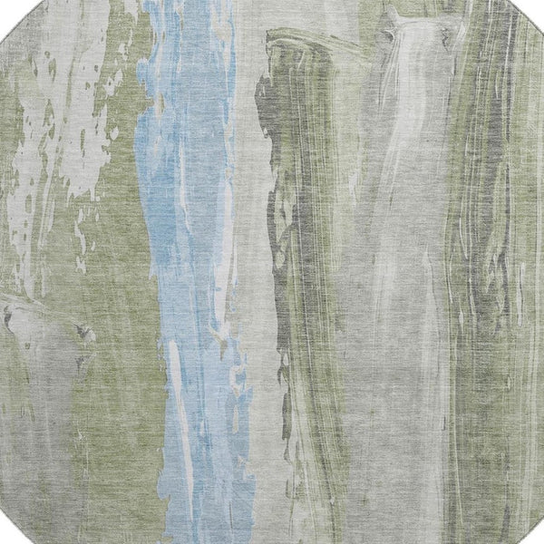 HomeRoots 8' Washable Round Rug in Olive Green & Blue Abstract Design - UV Protected, Durable & Stylish! 705560