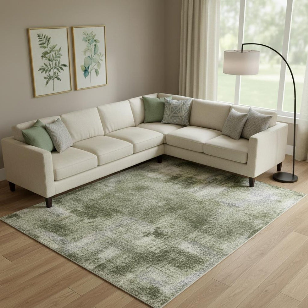 HomeRoots 9' X 12' Olive Green and Blue Abstract Area Rug - Washable, UV-Protected, Durable for High-Traffic Use 705562