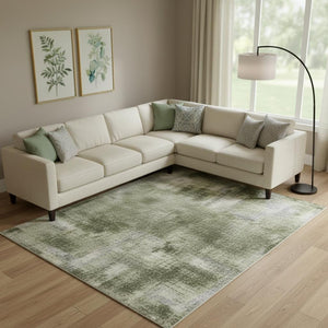 HomeRoots 9' X 12' Olive Green and Blue Abstract Area Rug - Washable, UV-Protected, Durable for High-Traffic Use 705562