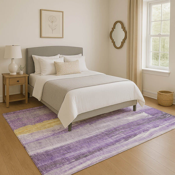 HomeRoots 5' X 8' Vibrant Purple and Gold Abstract Area Rug - Washable, UV-Protected, Non-Slip Design! 705565