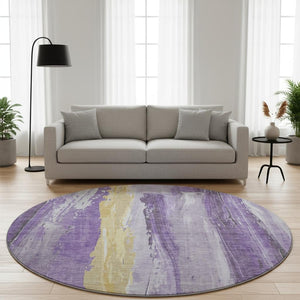 HomeRoots 8' Purple And Gold Abstract Round Rug – Washable, UV-Protected, Durable for Homes with Kids & Pets 705566