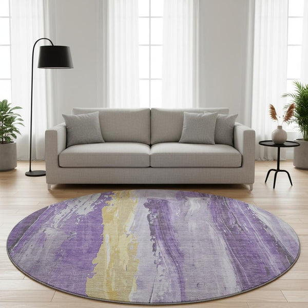 HomeRoots 8' Purple And Gold Abstract Round Rug – Washable, UV-Protected, Durable for Homes with Kids & Pets 705566
