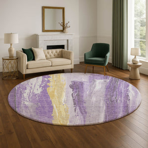 HomeRoots 8' Purple And Gold Abstract Round Rug – Washable, UV-Protected, Durable for Homes with Kids & Pets 705566