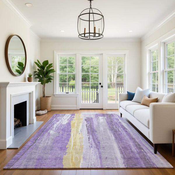 HomeRoots 9' X 12' Vibrant Purple and Gold Abstract Area Rug – Washable, UV-Protected, Non-Slip Backing! 705568